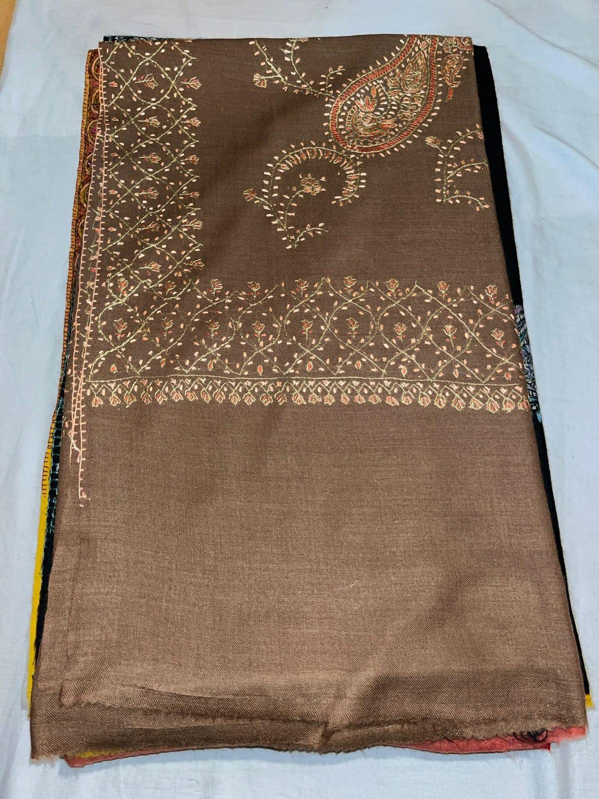 Pashmina Kashmiri Shawl Brown Border Embroidery