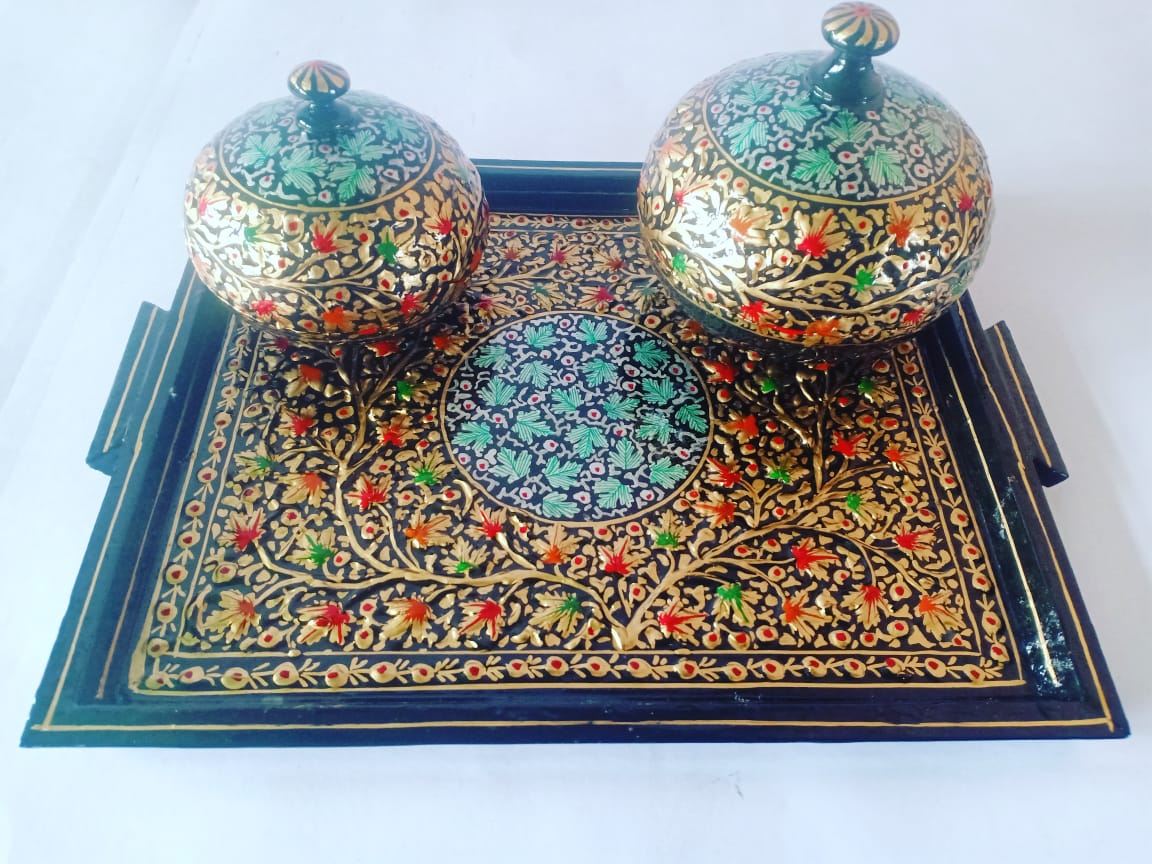 Kashmiri Papier Mache Powder Boxes and Tray