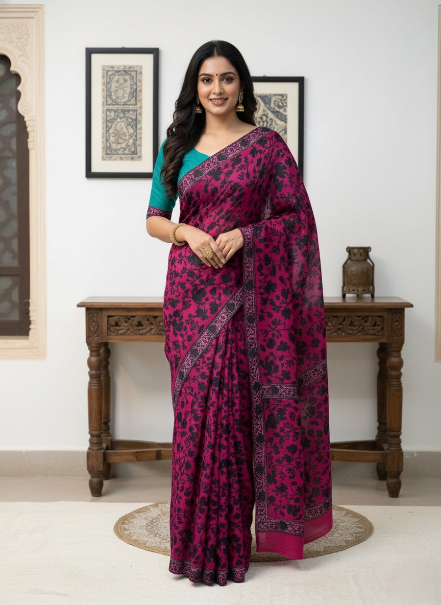 Hand Embroidered Kashmiri Georgette Saree – Deep Pink Colour