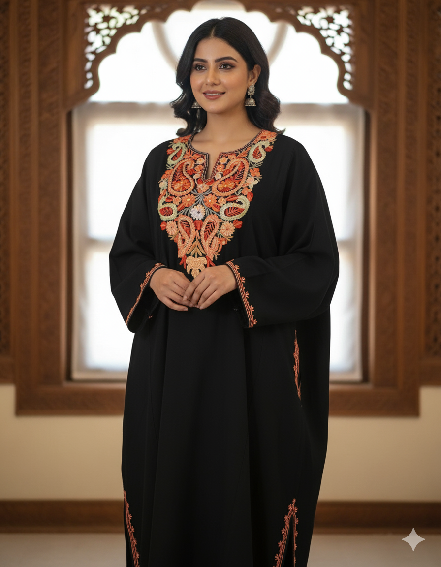 Beautiful Aari Work Pheran in Cashmilon Black Colour