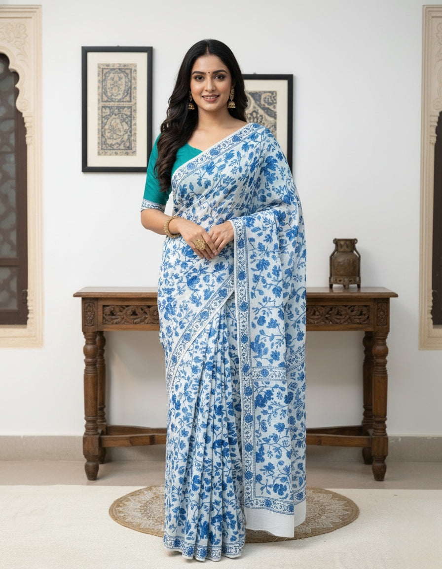 Hand Embroidered Kashmiri Georgette Saree – Blue Colour