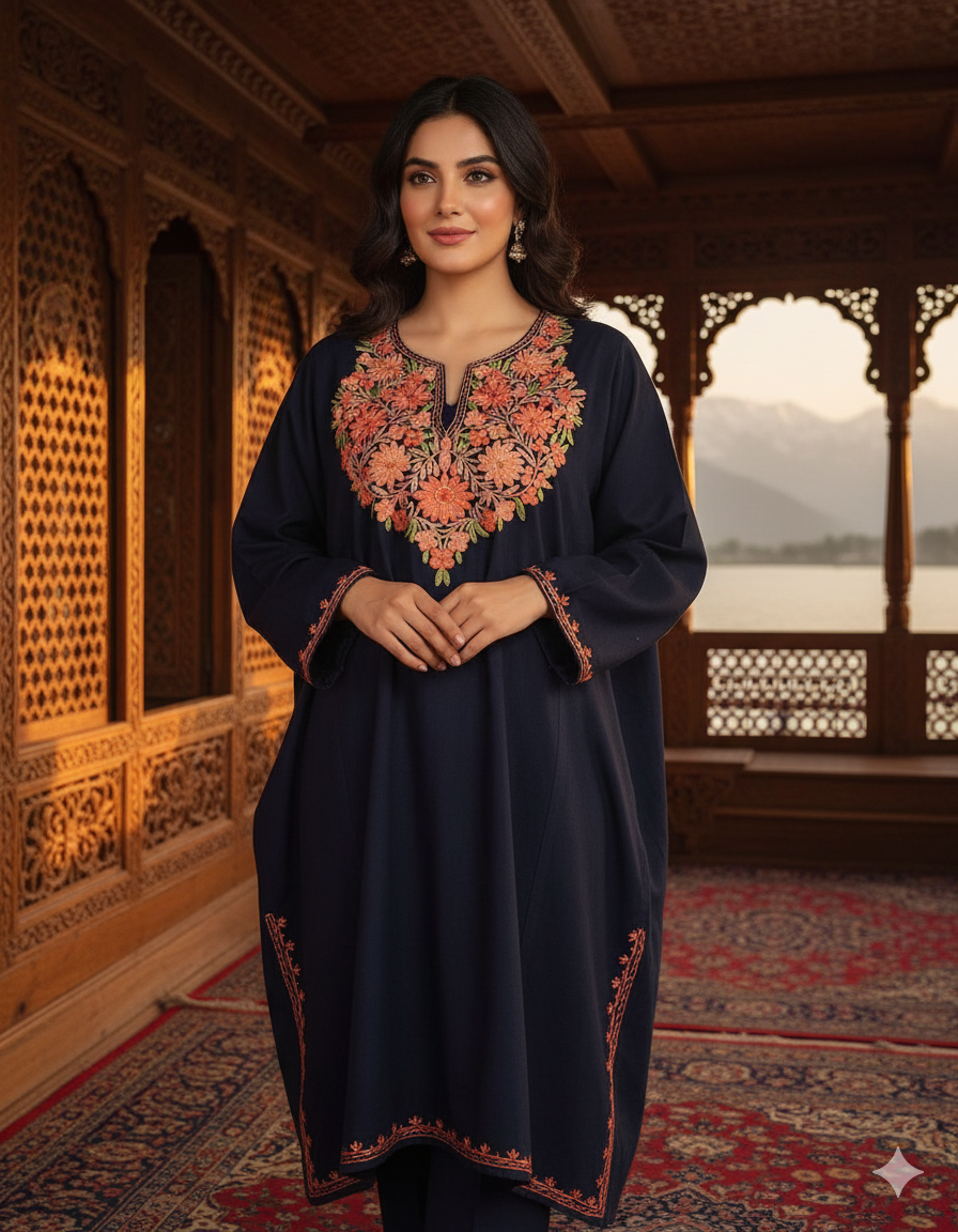 Elegant Aari Work Pheran in Cashmilon – Purple Colour