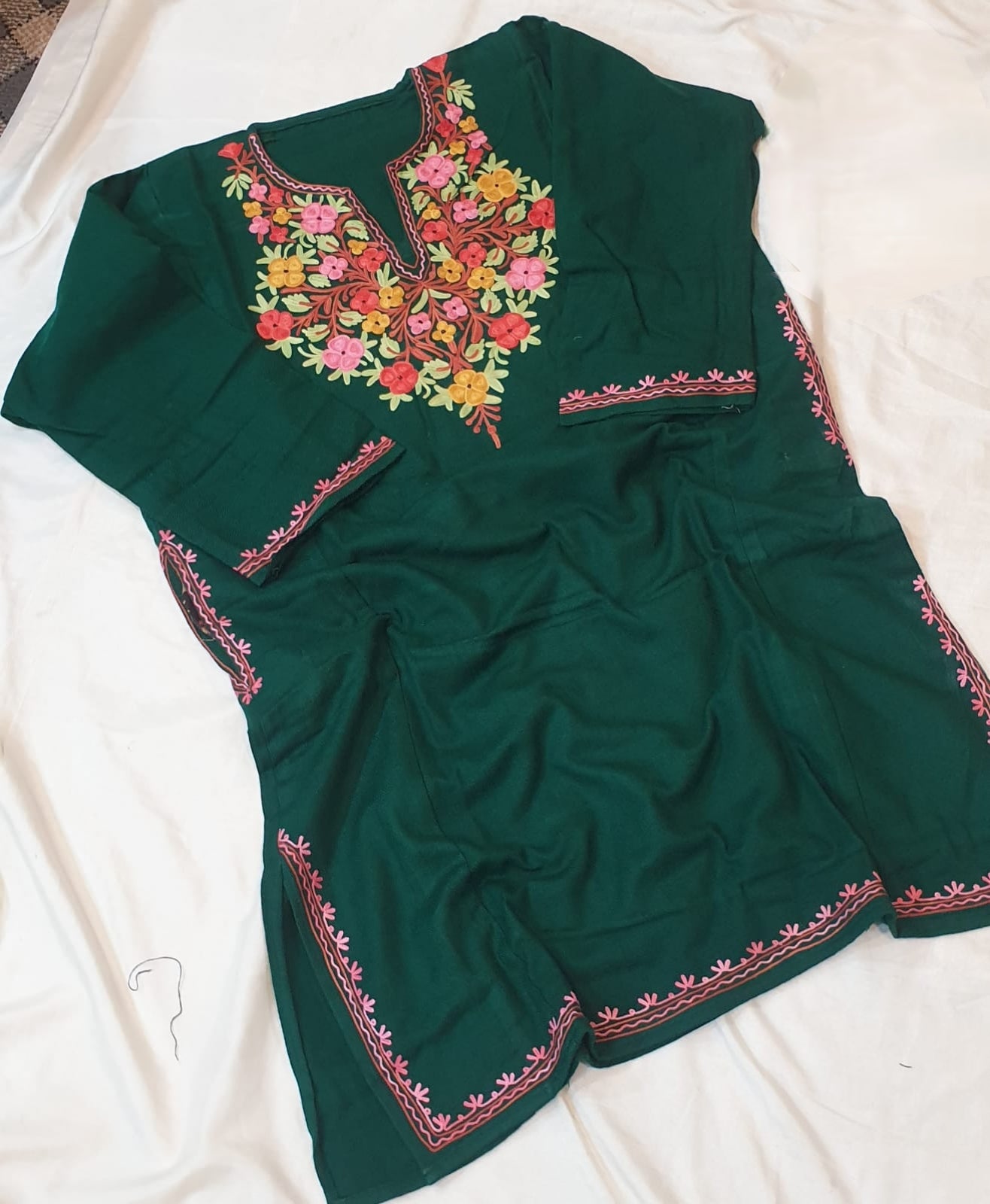 Beautiful Aari Work Pheran in Cashmilon Green Colour