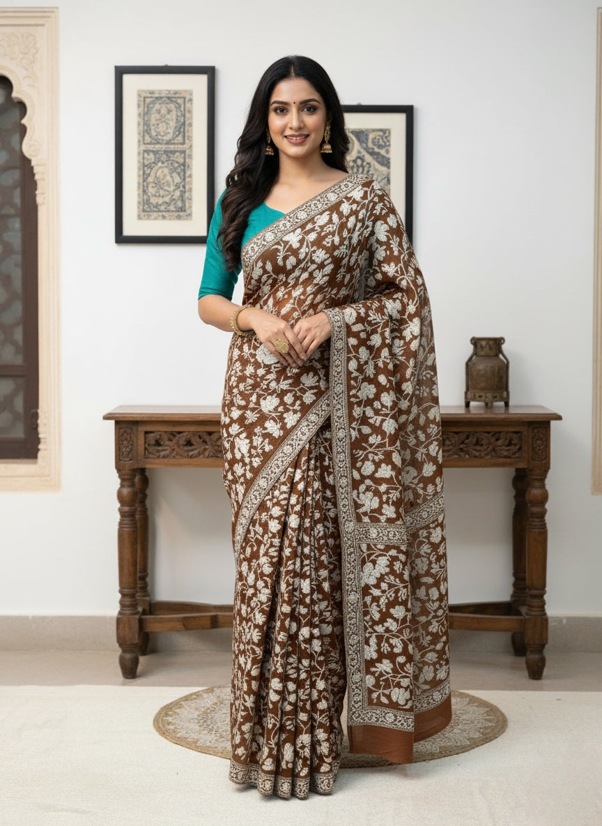Hand Embroidered Kashmiri Georgette Saree – Brown Colour