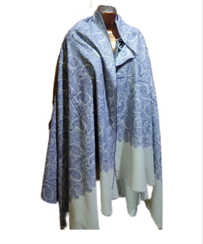 Semi Pashmina Kashmiri Shawl White, Full Embroidery Work
