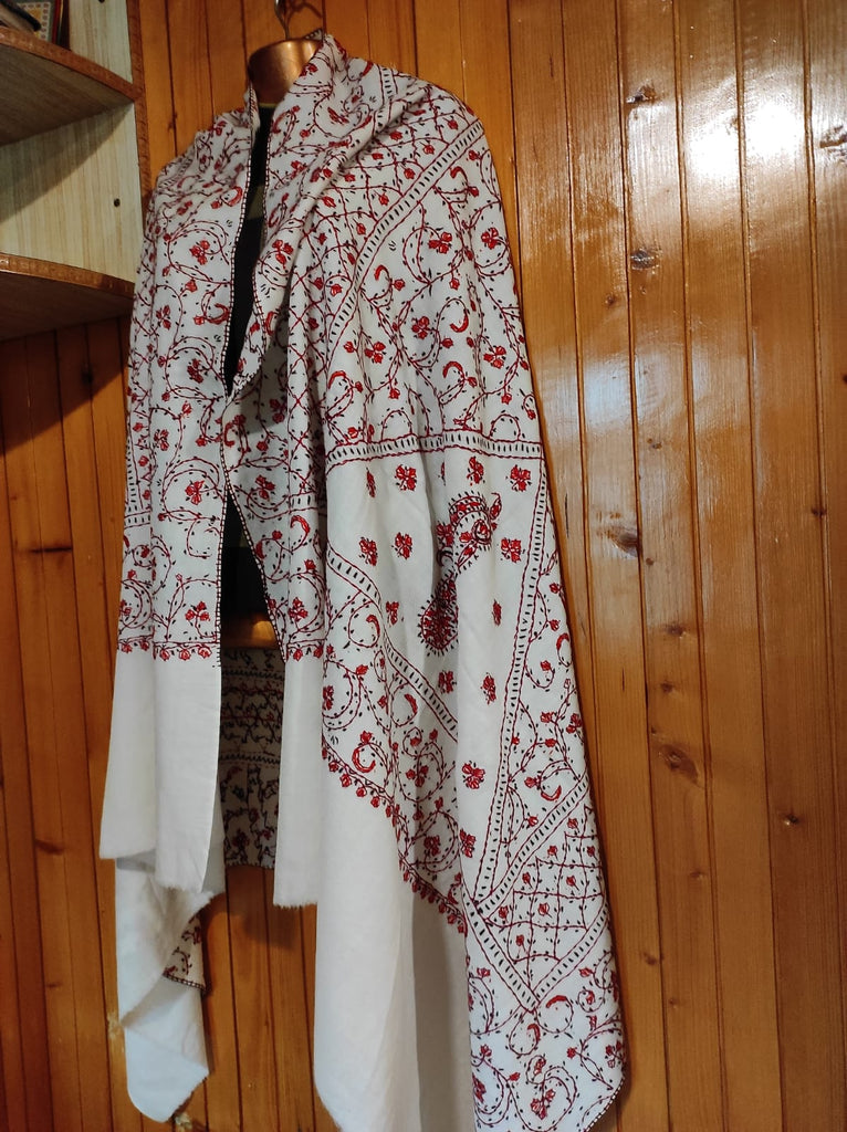 Pashmina Kashmiri Shawl White, Full Embroidery