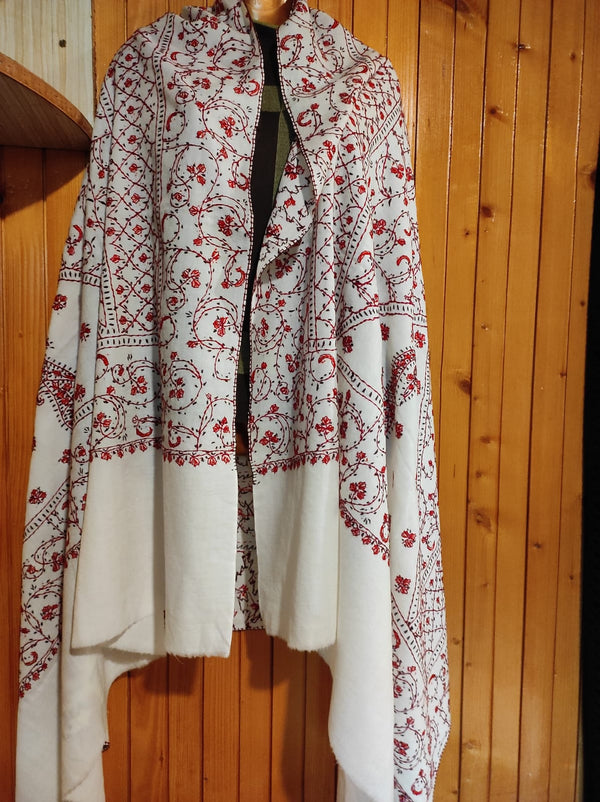 Pashmina Kashmiri Shawl White, Full Embroidery