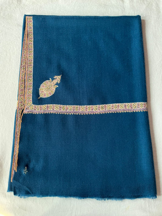 Semi Pashmina Kashmiri Shawl Blue, Thin Border Embroidery