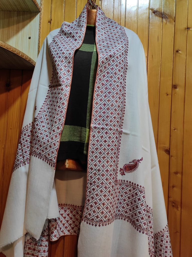 Pashmina Kashmiri Shawl White, Border Embroidery
