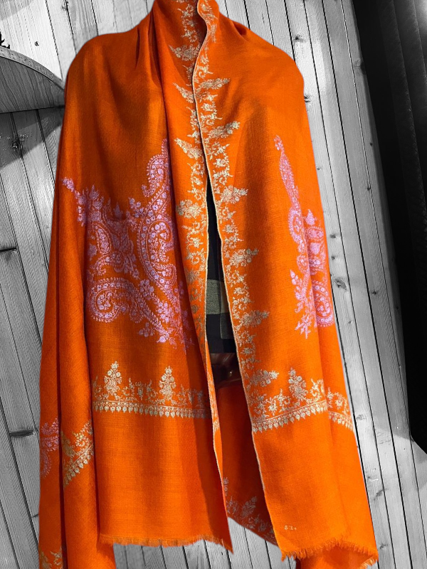 Pure Pashmina with Bootidaar Embroidery in orange colour