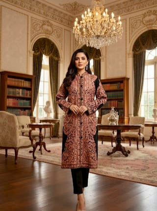 Pure Wool Long Coat with Kashmiri Ari Embroidery