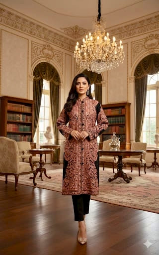 Pure Wool Long Coat with Kashmiri Ari Embroidery