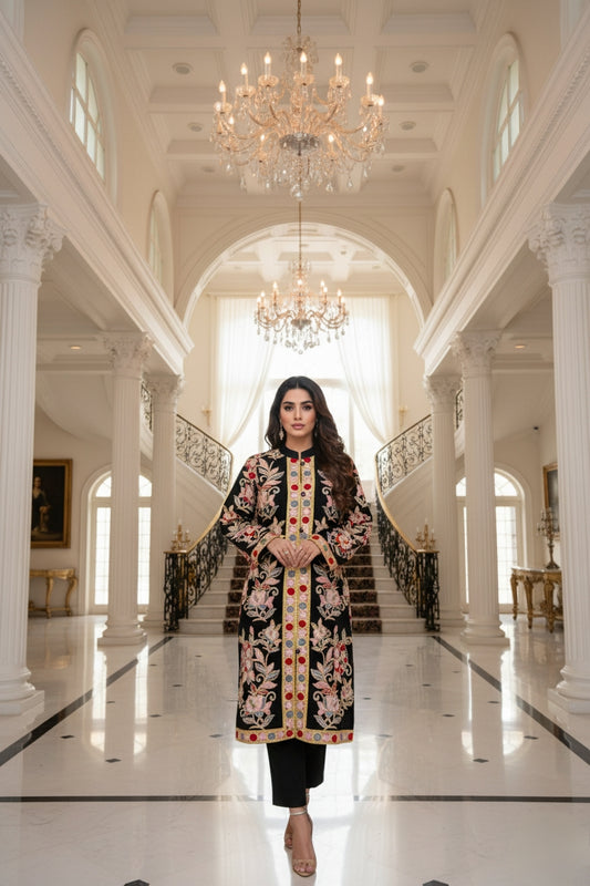Pure Woolen Long Coat with Ari Embroidery