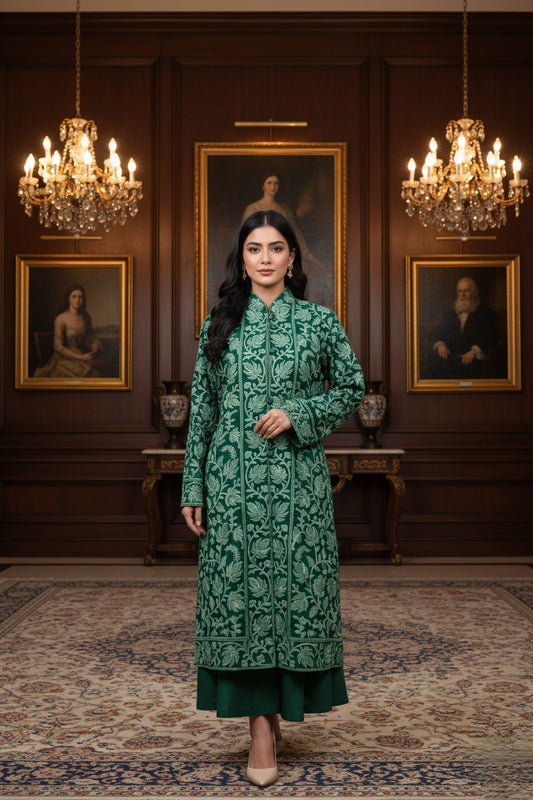 Pure Kashmiri Wool Long Coat with Ari Embroidery