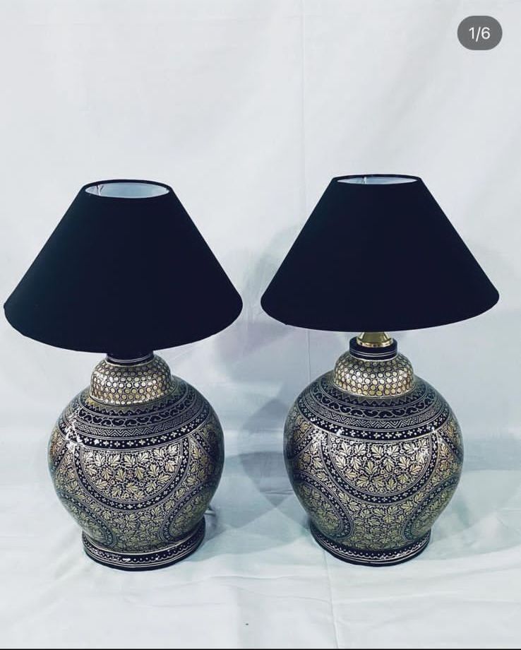 Kashmir Papier-Mâché Bedside Lamp – Hand-Painted Pair