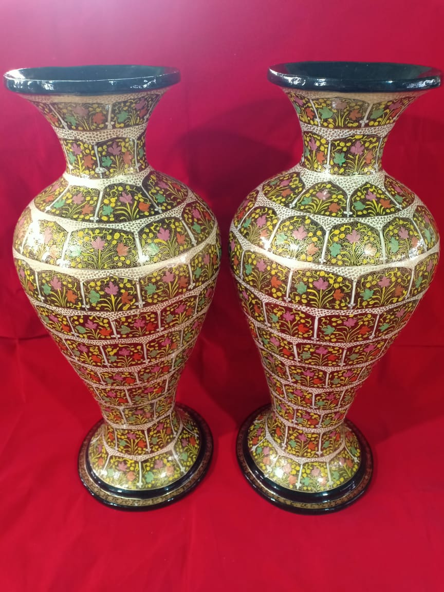 Kashmir Gold Lining Floral Papier Mâché Vase (Pair)