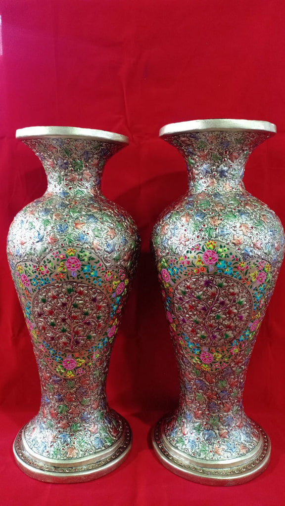 Embossed Floral Design Papier Mache Vase Pair