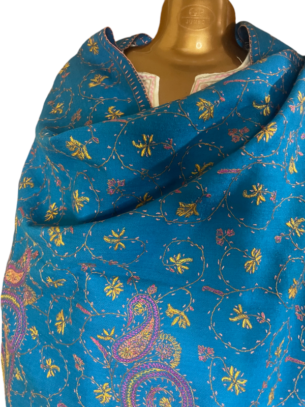 Pashmina Kashmiri Shawl Aquamarine Blue, Full Bootidaar Embroidery Work