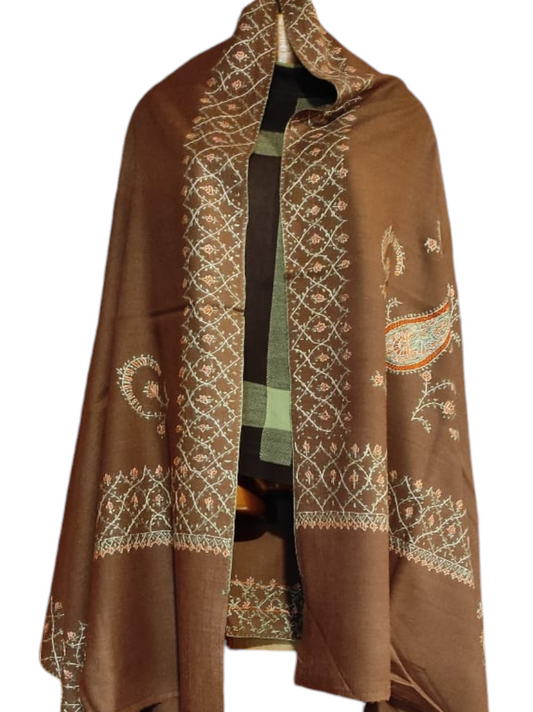 Pashmina Kashmiri Shawl Brown Border Embroidery