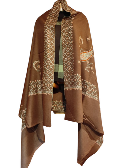 Pashmina Kashmiri Shawl Brown Border Embroidery