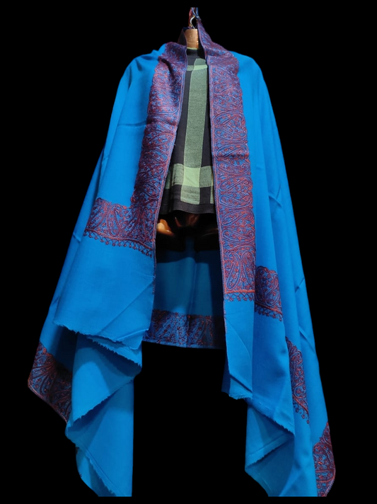 Blue Pashmina Shawl with Border Embroidery