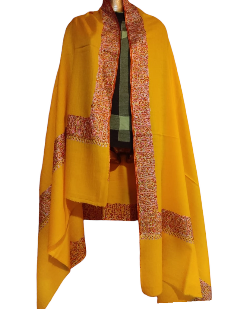 Semi Pashmina Kashmiri Shawl Yellow, Border Embroidery