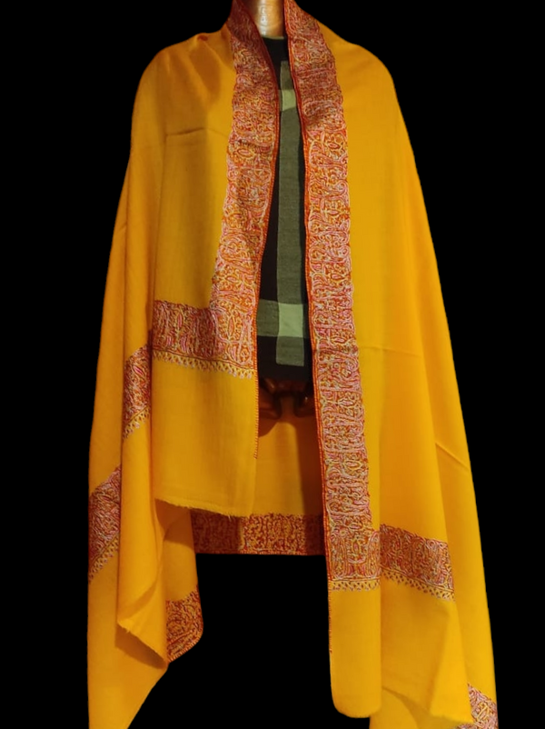 Semi Pashmina Kashmiri Shawl Yellow, Border Embroidery