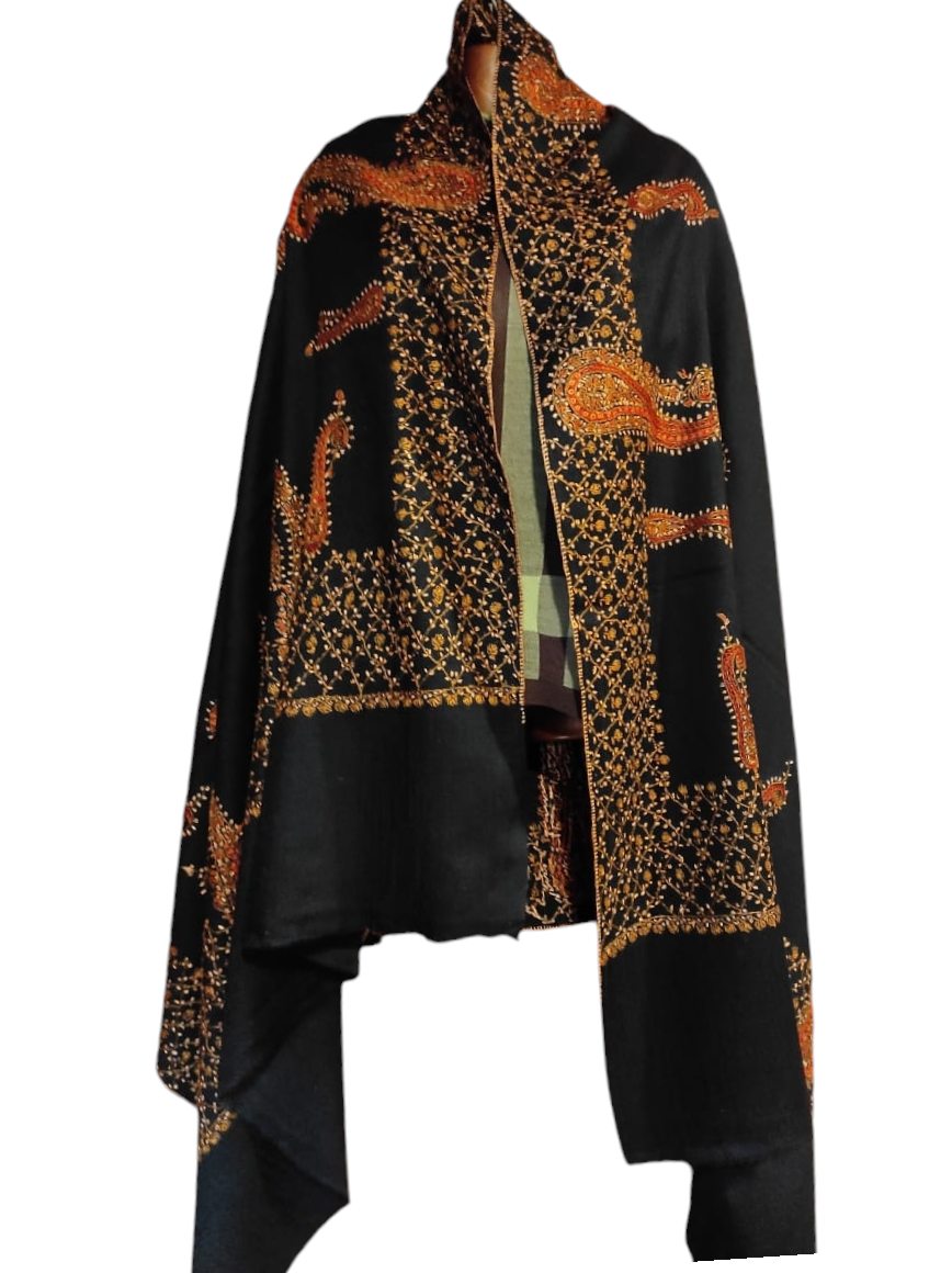 Pashmina Kashmiri Shawl Black, Border and Bootidaar Embroidery