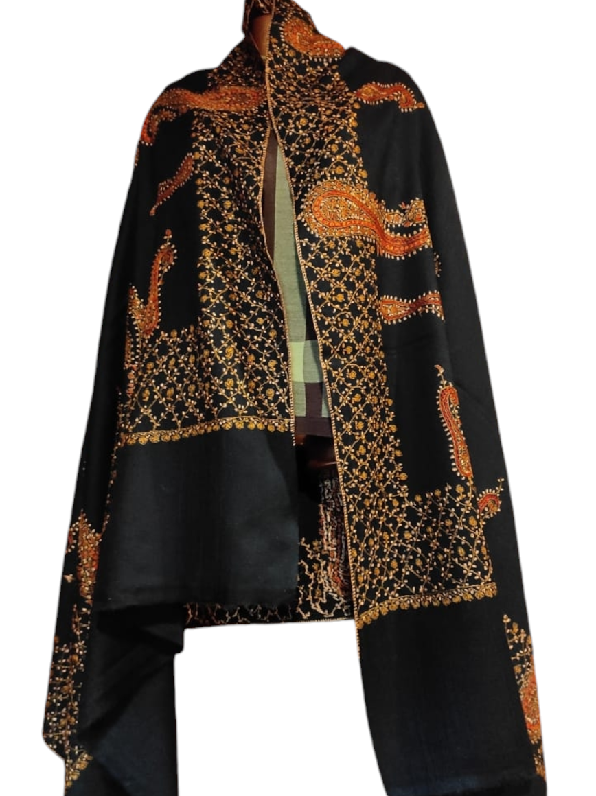 Pashmina Kashmiri Shawl Black, Border and Bootidaar Embroidery