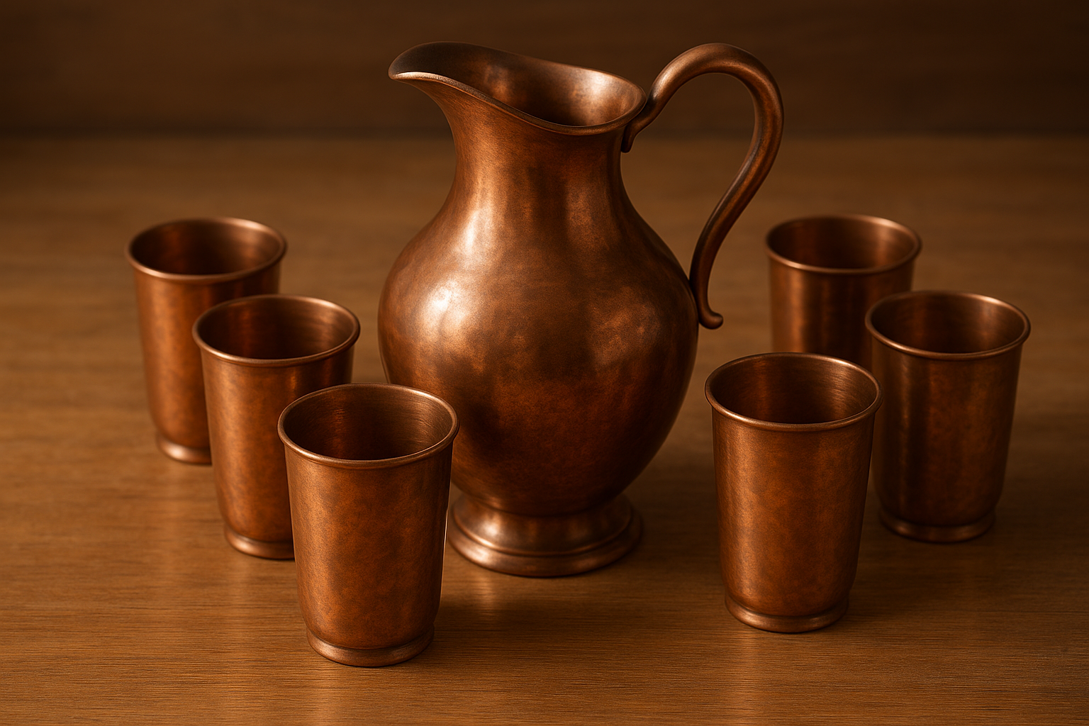 Copperware Jug and 6 Glasses