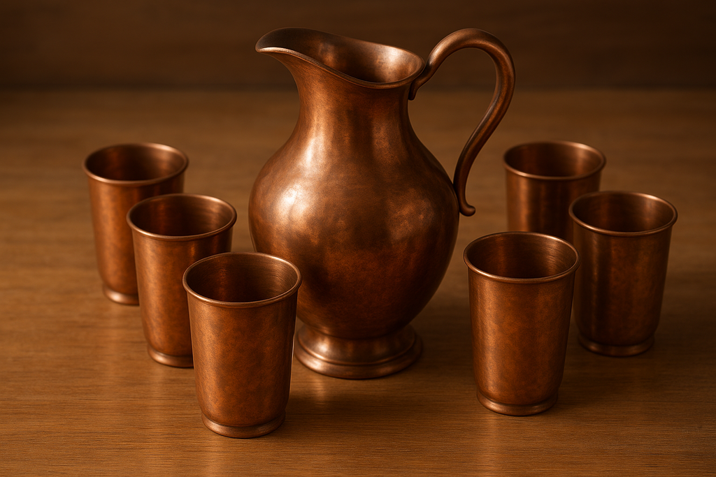Copperware Jug and 6 Glasses