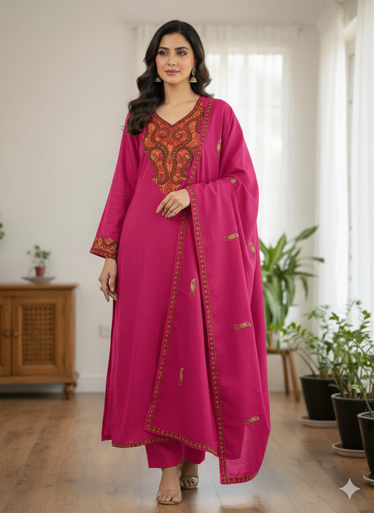 Hand Sozni Infused with Tilla Work Suit in Pink
