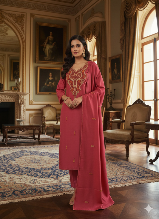 Hand Sozni Infused with Tilla Work Suit in Cherry