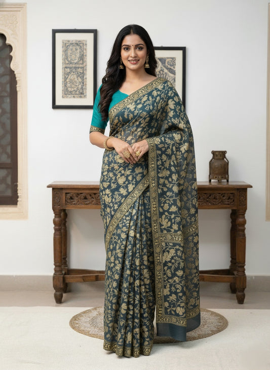 Hand Embroidered Kashmiri Georgette Saree – Olive Green