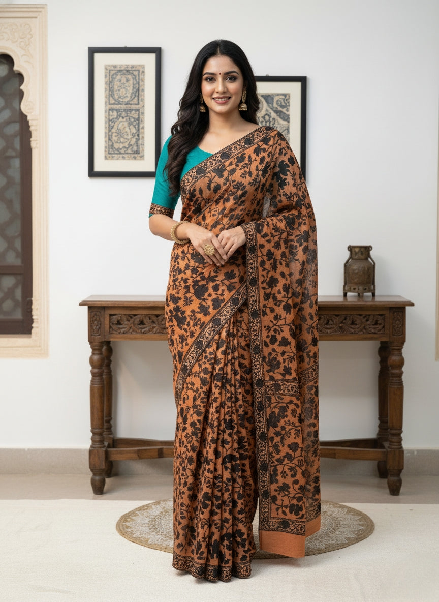 Hand Embroidered Kashmiri Georgette Saree – Orange Colour