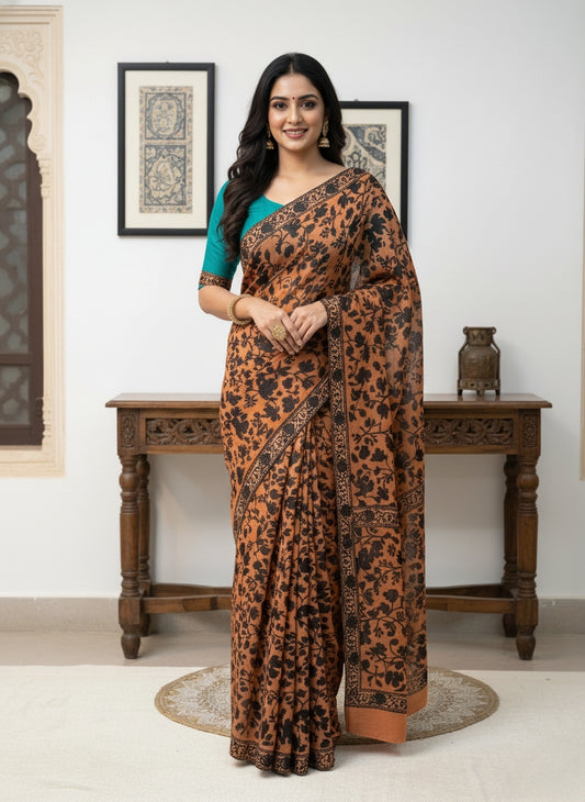 Hand Embroidered Kashmiri Georgette Saree – Orange Colour