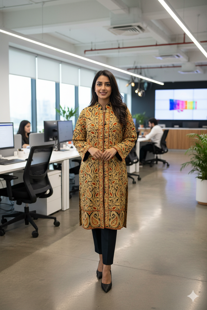 Pure Woolen Long Coat with Ari Embroidery