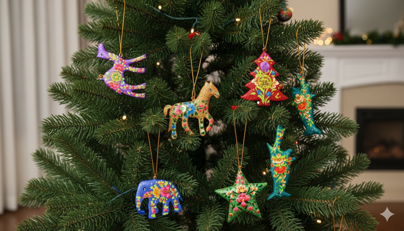 Kashmiri Papier-Mâché Christmas Tree Decorations