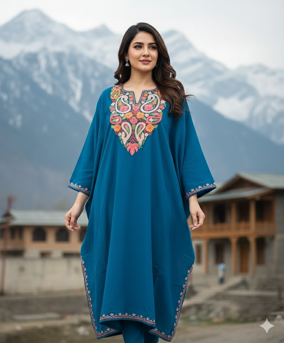 Beautiful Aari Work Pheran in Cashmilon Fabric Sky Blue