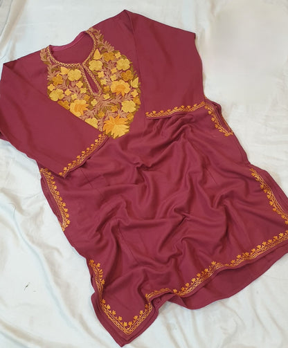 Beautiful Aari Work Pheran in Cashmilon Rose Colour