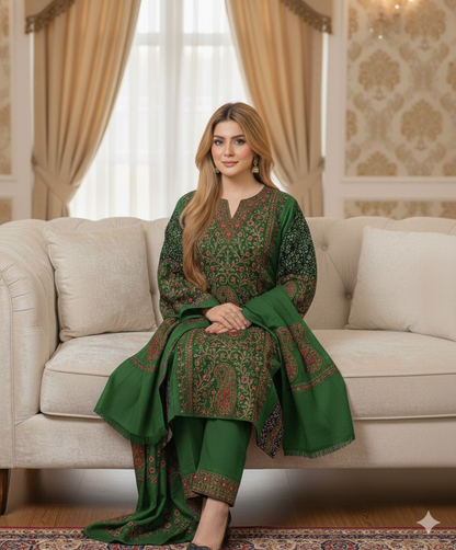 Heavy Cashmilon Phiran Set (3-Piece) with Machine Sozni Work Green Colour