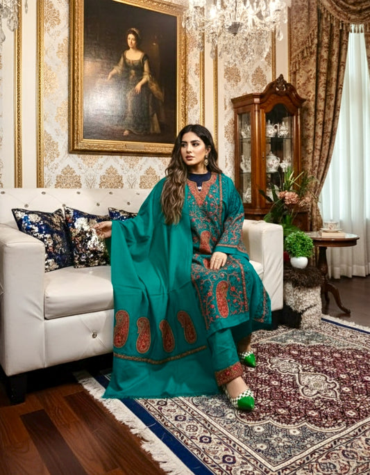 Heavy Cashmilon Phiran Set (3-Piece) with Machine Sozni Work Green