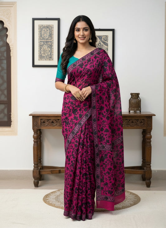 Hand Embroidered Kashmiri Georgette Saree – Deep Pink Colour