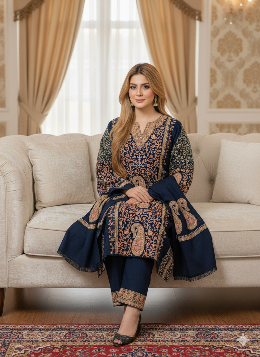 Heavy Cashmilon Phiran Set (3-Piece) with Machine Sozni Work Dark Blue