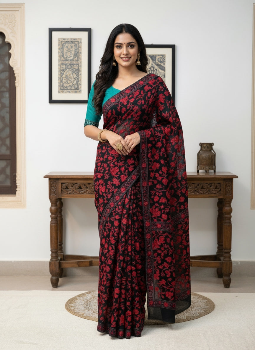 Hand Embroidered Kashmiri Georgette Saree – Red Colour