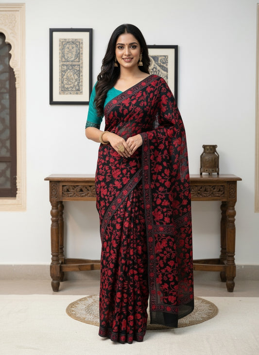 Hand Embroidered Kashmiri Georgette Saree – Red Colour