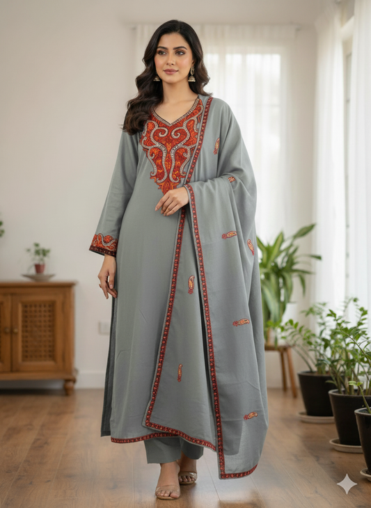 Hand Sozni Infused with Tilla Work Suit in Grey