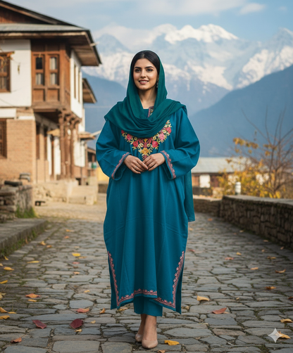 Beautiful Aari Work Pheran in Cashmilon Fabric Sky Blue