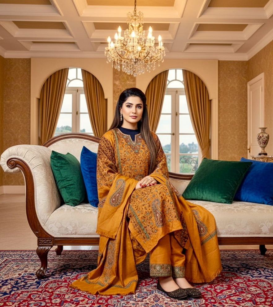 Heavy Cashmilon Phiran Set (3-Piece) with Machine Sozni Work Mustard Colour
