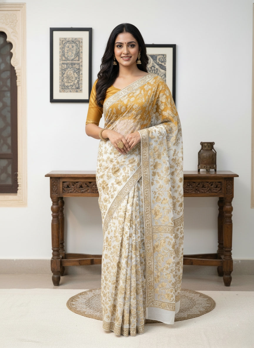 Hand Embroidered Kashmiri Saree in Georgette